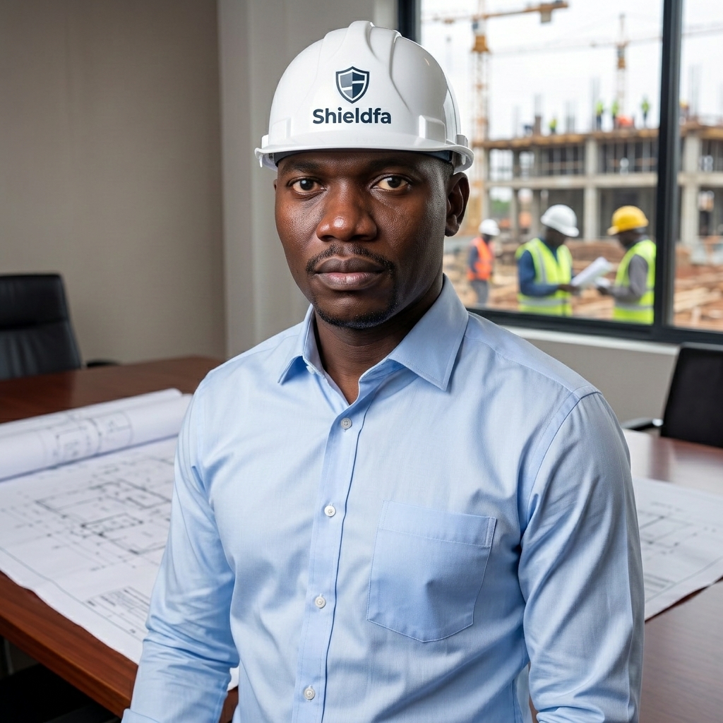 Senior construction executive in a navy tailored suit